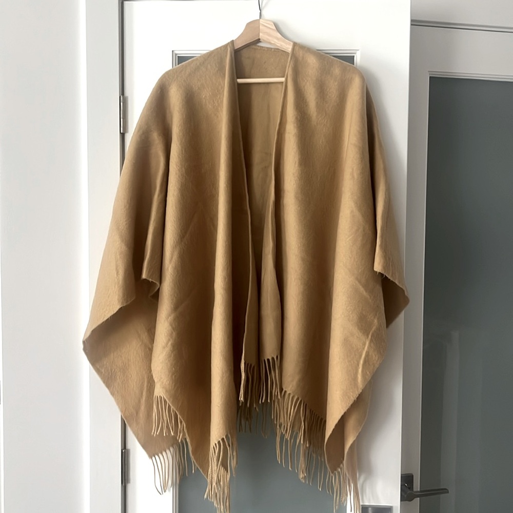 Beige Poncho Blanket Scarf with Fringe